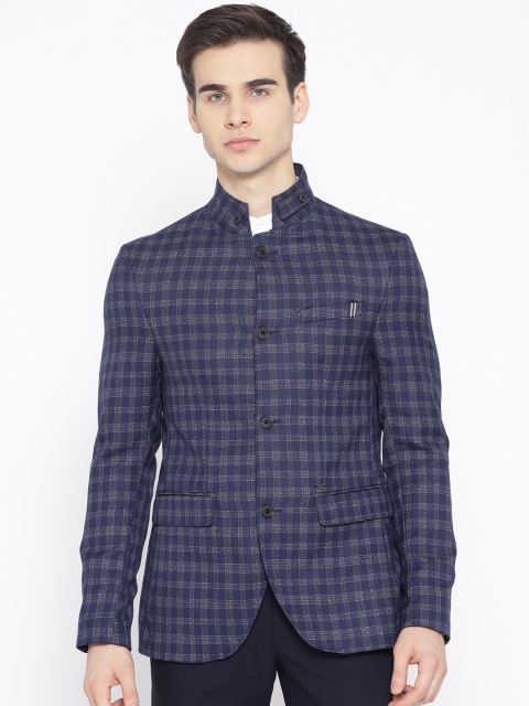 

Blackberrys Men Navy Blue & Off-White Self Checked Slim Fit Bandhgala