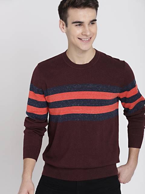 

GAP MEN Burgundy BUDDING MIX-STRIPE CREWNECK PULLOVER SWEATER