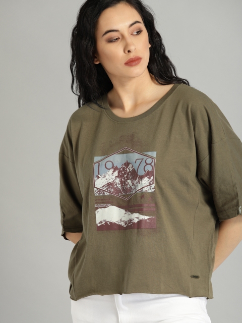 

Roadster Women Olive Green Printed T-shirt