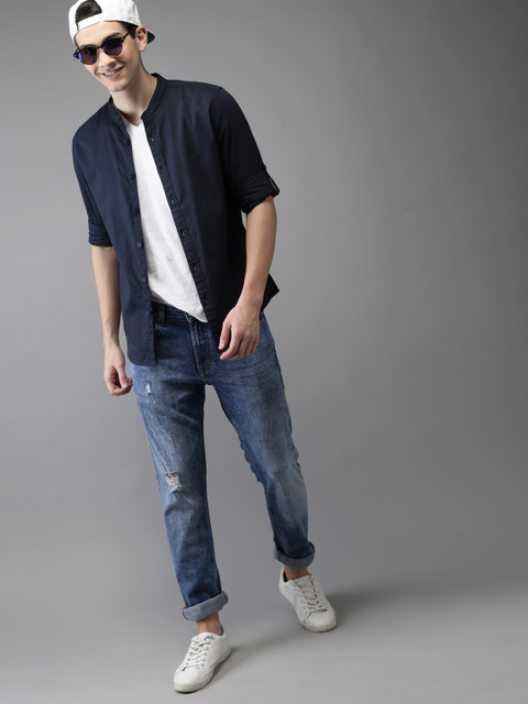 

HERE&NOW Men Navy Blue Regular Fit Textured Casual Shirt