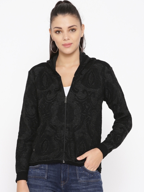 

Duke Women Black Self-Design Woollen Hooded Cardigan