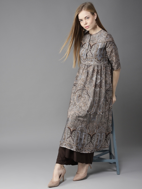 

HERE&NOW Women Taupe Printed A-Line Kurta
