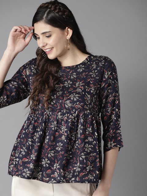 

HERE&NOW Women Navy Blue & Pink Printed A-Line Top