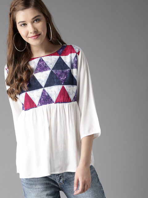 

HERE&NOW Women White Printed Styled Back Top
