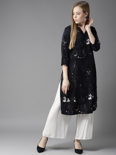 

HERE&NOW Women Navy Blue & Black Printed Straight Kurta