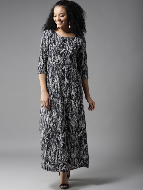 

HERE&NOW Women Navy Blue & Off-White Printed Maxi Dress