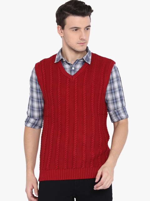 

Crocodile Men Red Self Design Woolen Sweater Vest