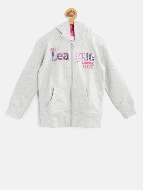 

612 league Girls Grey Melange Solid Hooded Sweatshirt with Sequinned Detail