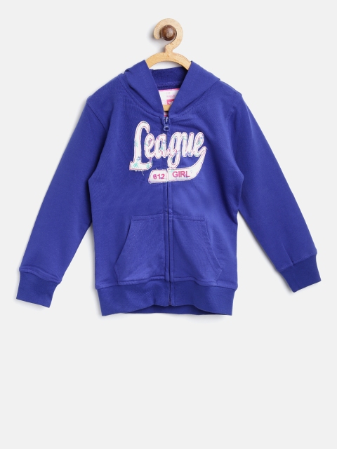 

612 league Girls Blue Solid Hooded Sweatshirt with Applique Detail