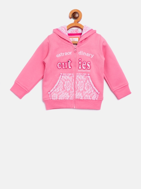 

612 league Girls Pink Embroidered Hooded Sweatshirt with Lace Detail