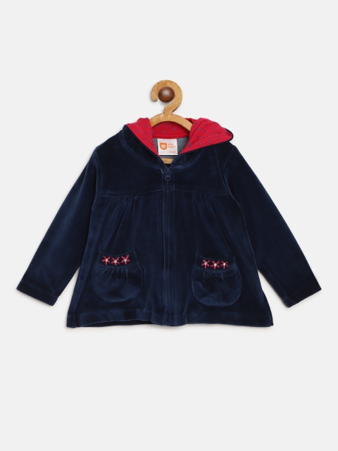 

612 league Girls Navy Blue Cotton Velvet Finish Hooded Sweatshirt with Embroidered Detail
