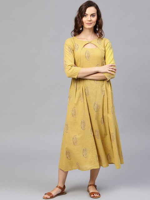 

aasi Women Yellow Printed Empire Dress