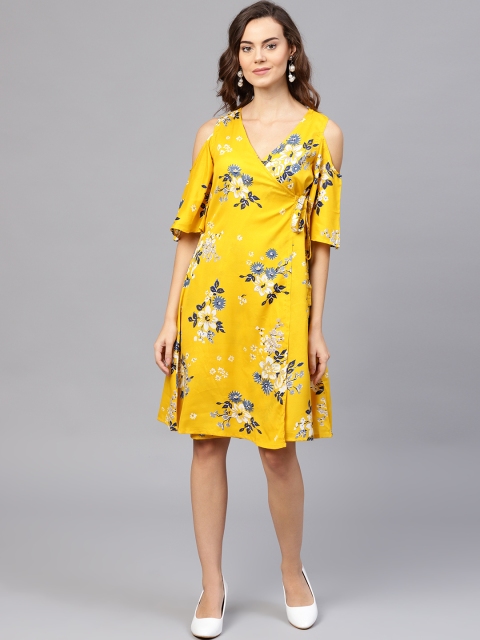 

aasi Women Yellow Printed Wrap Dress