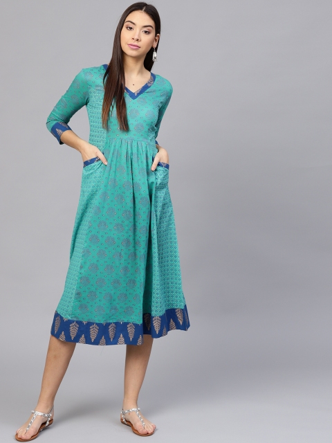 

aasi Women Sea Green Printed A-Line Dress