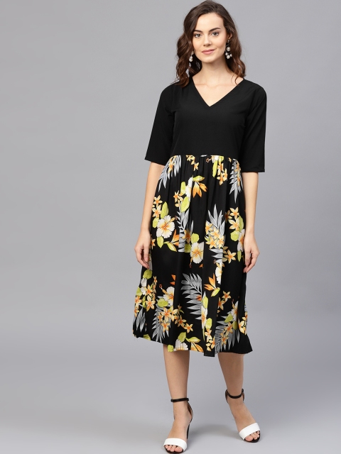 

aasi Women Black & Yellow Printed Fit and Flare Dress