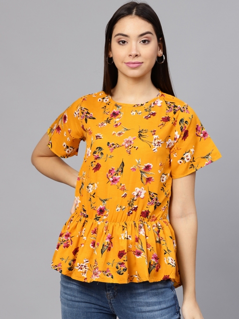 

aasi Women Mustard Yellow Floral Print Cinched Waist Top