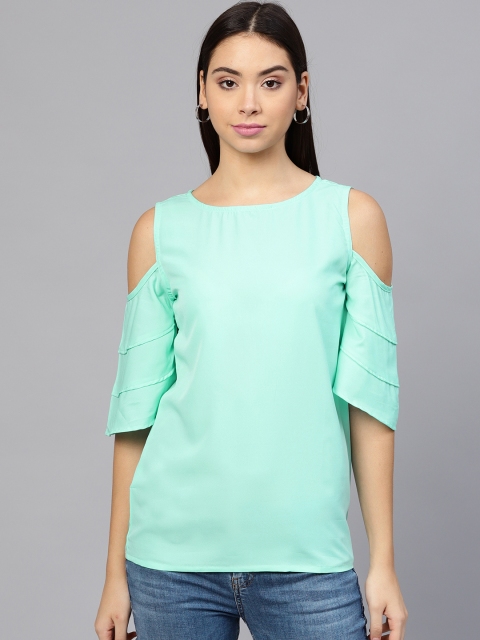 

aasi Women Sea Green Solid Cold Shoulder Top