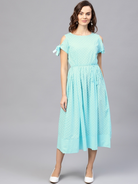 

aasi Women Blue Printed Cold-Shoulder Fit and Flare Dress