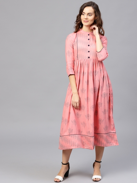 

aasi Women Peach-Coloured Printed Empire Dress