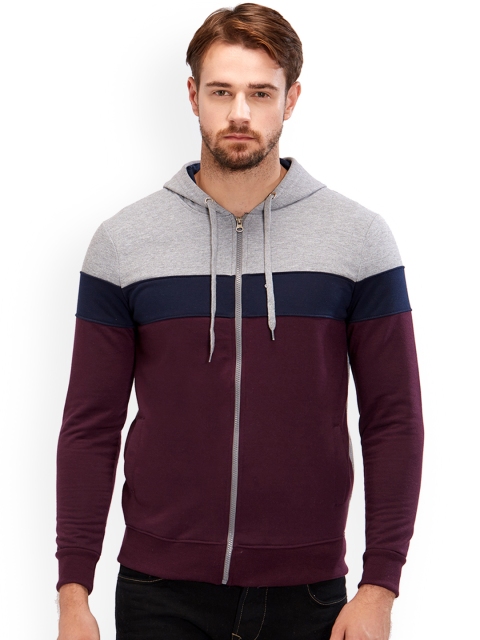 

Maniac Men Grey & Burgundy Colourblocked Hooded Sweatshirt