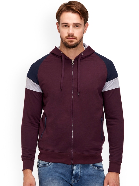 

Maniac Men Burgundy & Grey Colourblocked Hooded Sweatshirt