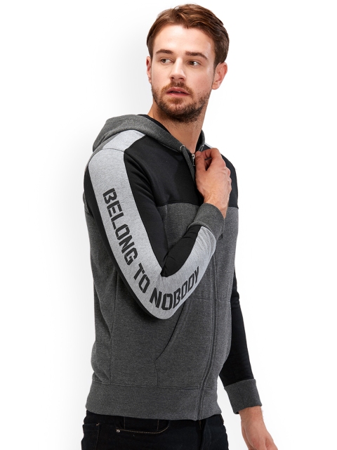 

Maniac Men Charcoal Grey & Black Colourblocked Hooded Sweatshirt