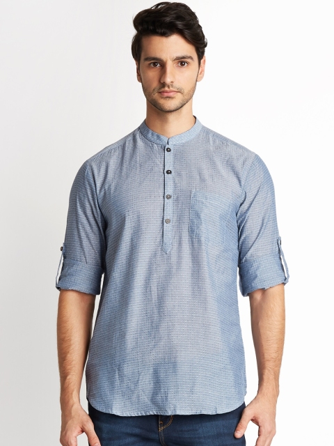 

indus route by Pantaloons Men Blue Woven Design Straight Kurta