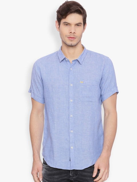 

Basics Men Blue Slim Fit Self Design Casual Linen Shirt