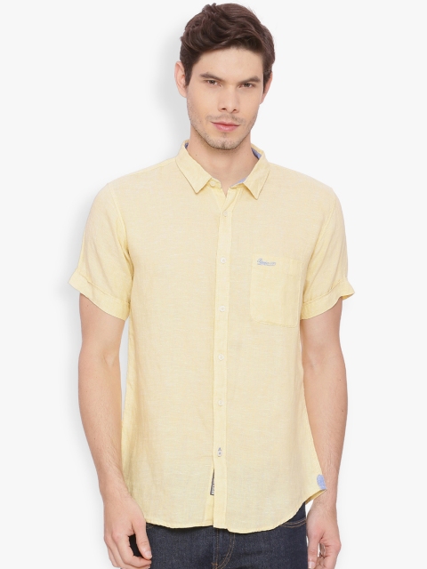 

Basics Men Yellow Slim Fit Self Design Casual Linen Shirt