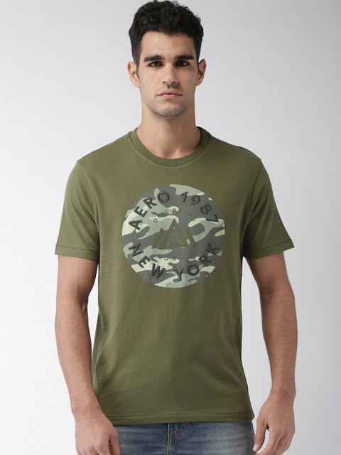 

Aeropostale Men Olive Green Printed Round Neck T-shirt