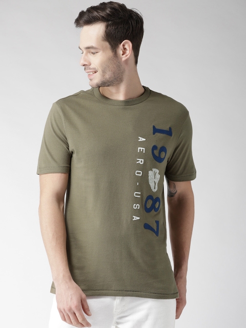

Aeropostale Men Olive Green Embroidered Detail Round Neck T-shirt