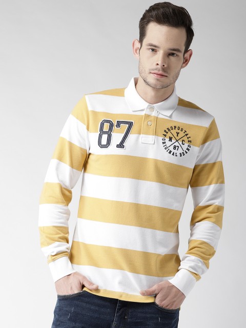 

Aeropostale Men Mustard Yellow & White Striped Polo Collar T-shirt