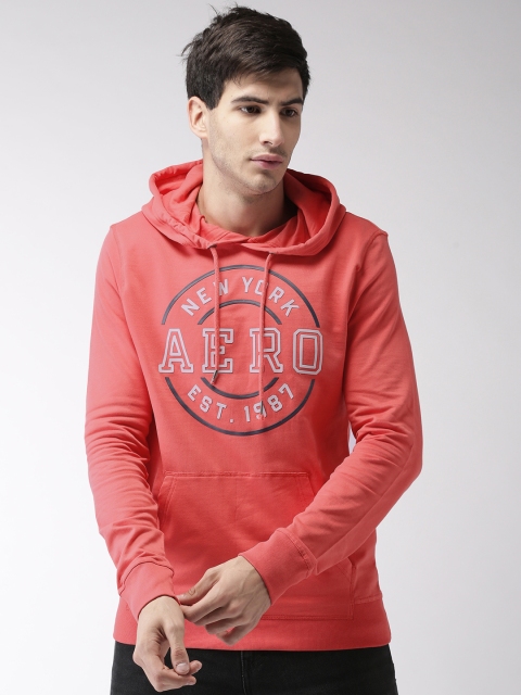 

Aeropostale Men Coral Orange & Black Brand Logo Print Hooded Sweatshirt