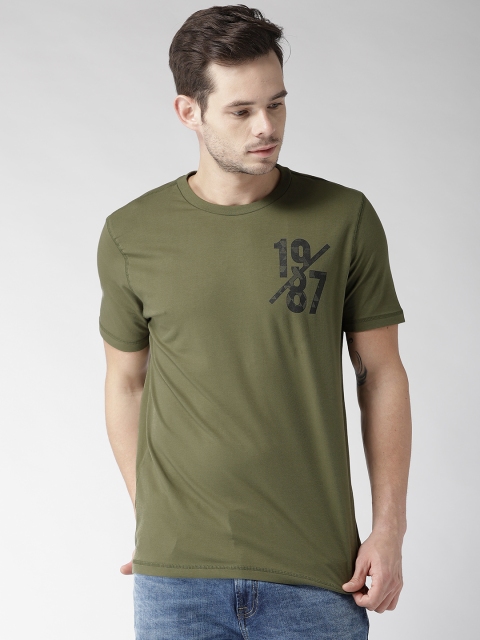 

Aeropostale Men Olive Green Printed Back Round Neck T-shirt