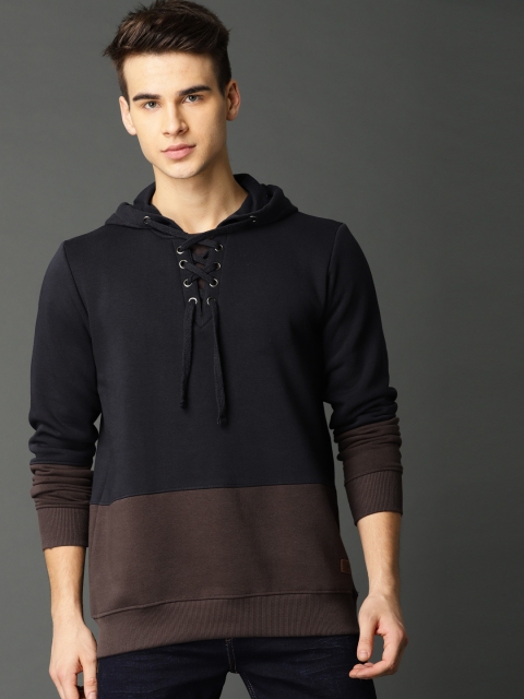 

Roadster Men Navy Blue & Brown Colourblocked Hooded Sweatshirt