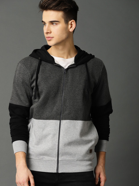 

Roadster Men Grey Colourblocked Hooded Sweatshirt