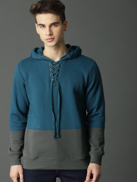 

Roadster Men Teal Blue & Grey Colourblocked Hooded Sweatshirt