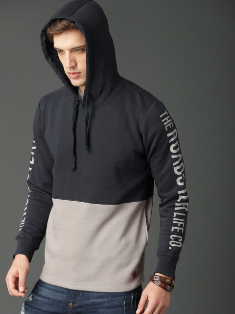 

Roadster Men Navy Blue & Grey Colourblocked Hooded Sweatshirt