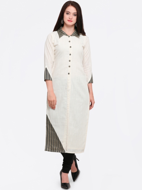 

Kvsfab Women Off-White & Brown Striped Straight Kurta