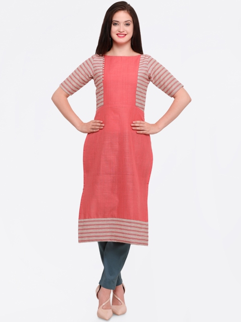 

Kvsfab Women Coral & Cream-Coloured Striped Straight Kurta