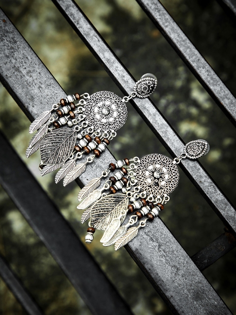 

ZeroKaata Silver-Toned Feather Shaped Drop Earrings