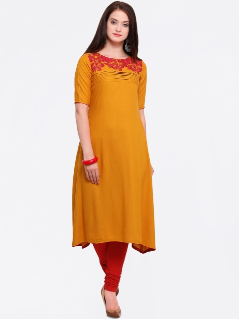 

Kvsfab Women Mustard Embroidered A-Line Kurta