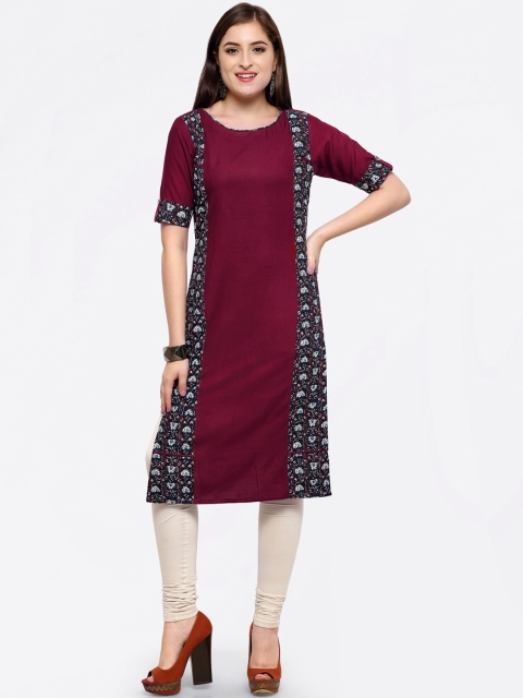 

Kvsfab Women Maroon Printed Straight Kurta
