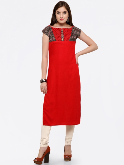 

Kvsfab Women Red Solid Straight Kurta