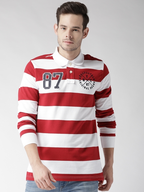 

Aeropostale Men Red & White Striped Polo Collar T-shirt
