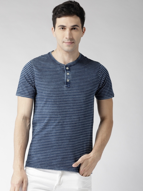 

Aeropostale Men Navy Blue & White Striped Henley Neck T-shirt