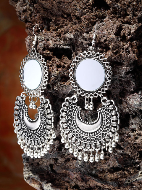

Moedbuille Silver-Toned Crescent Shaped Handcrafted Oxidised Drop Earrings