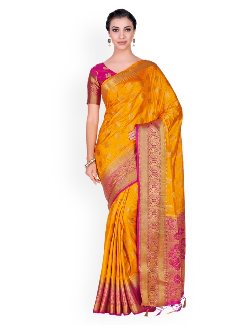 

MIMOSA Mustard Yellow & Pink Woven Design Kanjeevaram Saree