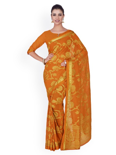 

MIMOSA Orange & Golden Woven Design Kanjeevaram Saree
