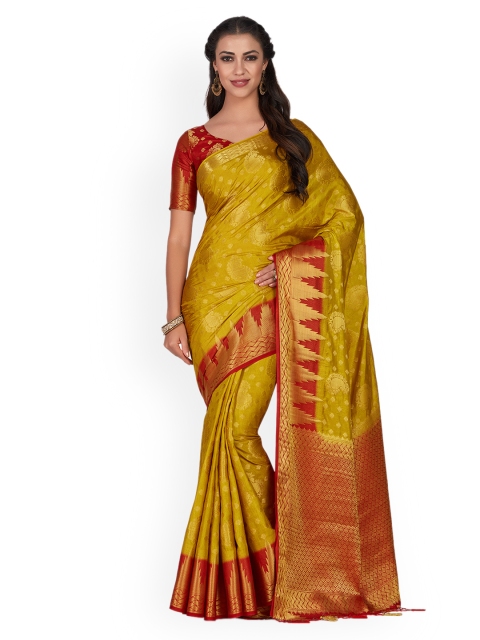 

MIMOSA Mustard Yellow & Red Woven Design Kanjeevaram Saree